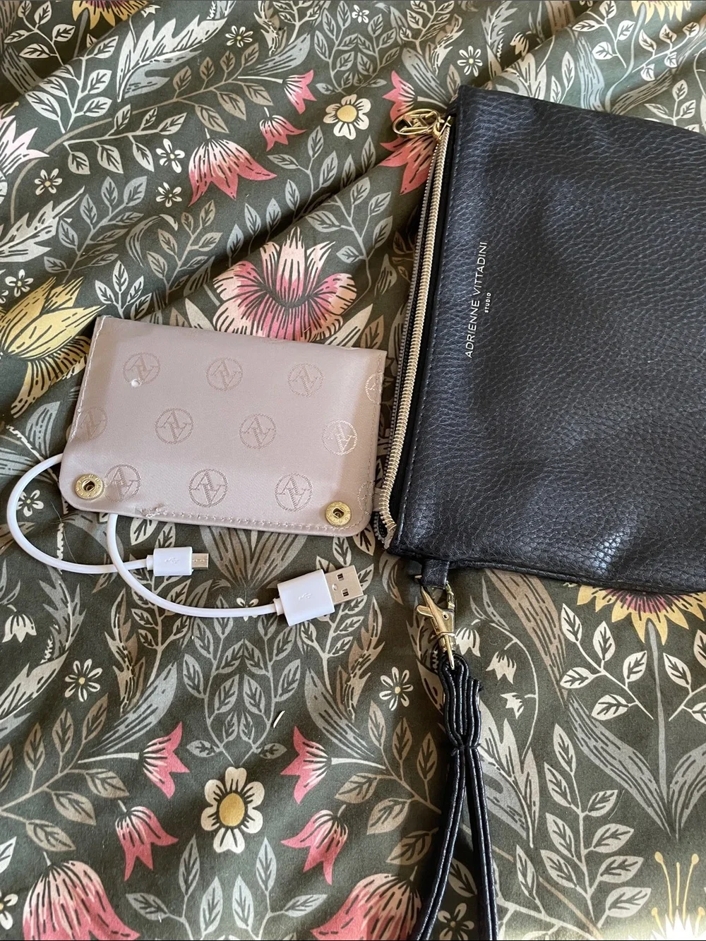 Adrienne Vittadini Black Pebbled Leather Wristlet Clutch with Gold Hardware